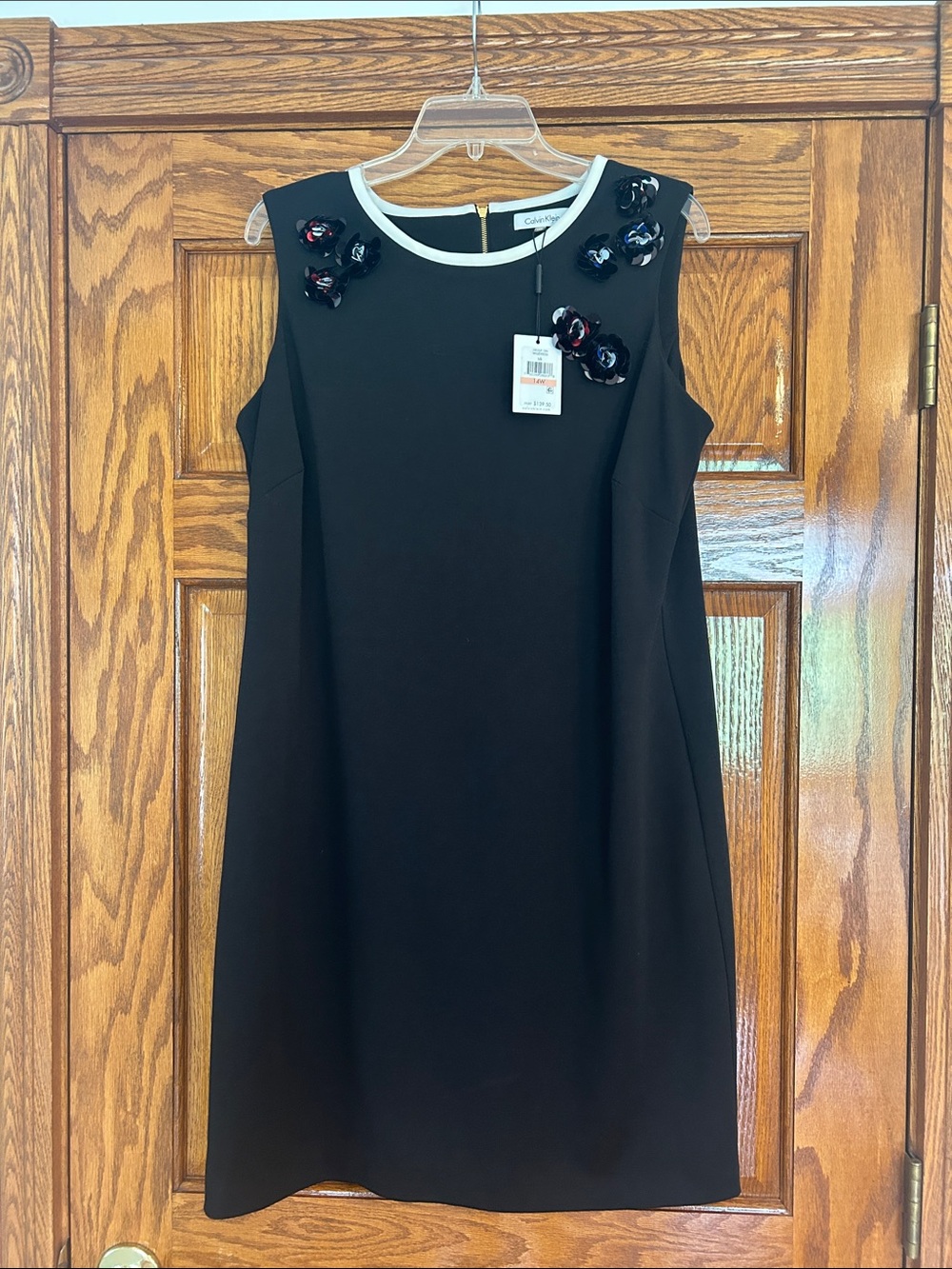 Calvin Klein Black Sleeveless Shift Dress with White Trim and Floral Appliqués